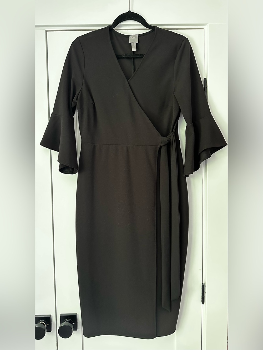 ASOS Black Midi Wrap Dress with Bell Sleeves